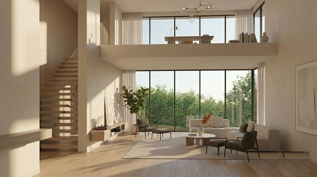 Helles, modernes Wohnzimmer mit Fensterfront – Symbol für den Immobilienverkauf und die Vermietung mit Verovia in Stuttgart